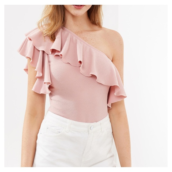 MBM Unlimited Tops - Blush Pink One Shoulder Ruffle Bodysuit